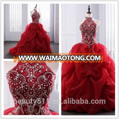 2018 Dramatic Quinceanera Dress Neck line Beaded Appliques Red Organza quinceanera gowns ED025201