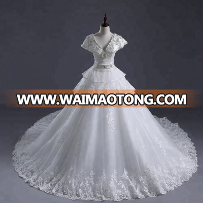 Applique A line long train crystal beaded wedding dresses  puffy skirt ball gown wedding dress  2018 cap sleeves robe de mariage