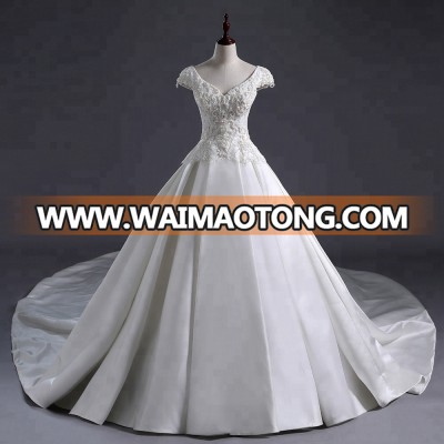 2018 New Pearls Lace Empire Beaded  bridal Ball Gowns  Flowers Lace Applique Surah  long tail Luxury  Satin Wedding Dresses S060