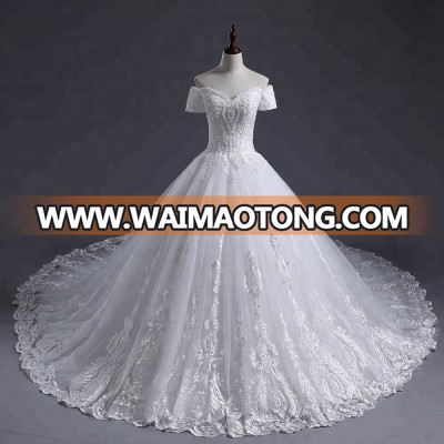 Bridal Gowns Long Train 3D Flowers Lace Luxury Wedding Dress  Puffy  Off Shoulder Wedding Dress White Lace 2018 Wedding Dress