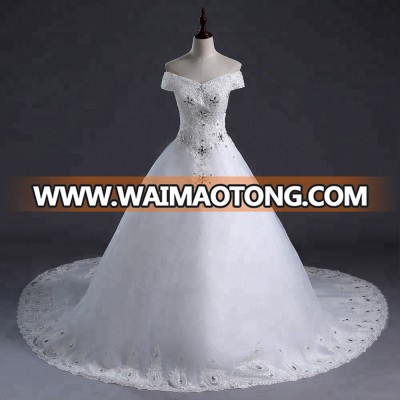 2018 New Arrival White Sheath ball gown Wedding Dresses Capped Sleeves long tail  beaded Wedding Dresses S055