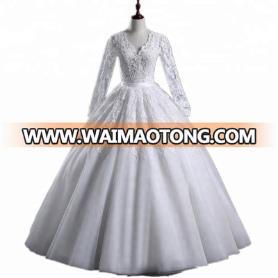 2018 V line neck ball gown floor length lace long sleeves wedding dress  lace bridal muslin wedding dress S001